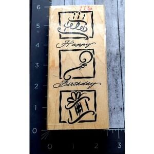 DeNami Design Happy Birthday Border Gift Cake 2003 Rubber Stamp Wood #C30